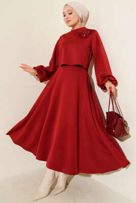 Pazarium - Gül İşlemeli Etekli İkili Takım Bordo