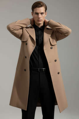 Rüzgarlıklı Kuşaklı Erkek Trençkot Camel - Thumbnail