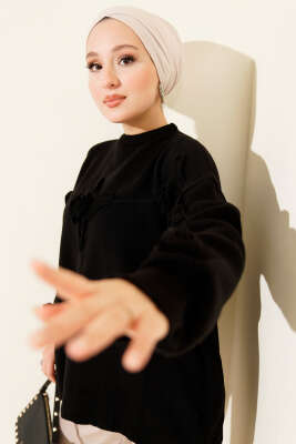 Pazarium - Çiçek İşlemeli Triko Kazak Siyah