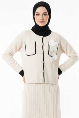 Pazarium - Cep Üstü Gül İşlemeli Etekli İkili Takım Bej