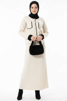 Cep Üstü Gül İşlemeli Etekli İkili Takım Bej - Thumbnail