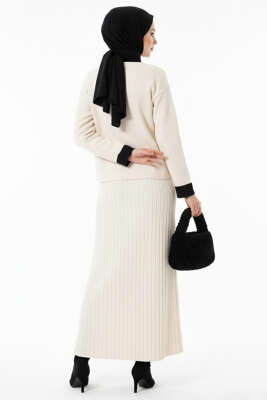 Cep Üstü Gül İşlemeli Etekli İkili Takım Bej - Thumbnail