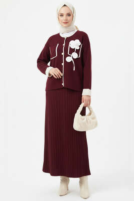 Cep Üstü Gül İşlemeli Etekli İkili Takım Bordo - Thumbnail