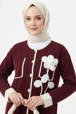 Cep Üstü Gül İşlemeli Etekli İkili Takım Bordo - Thumbnail