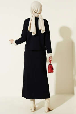 Cep Üstü Gül İşlemeli Etekli İkili Takım Lacivert - Thumbnail