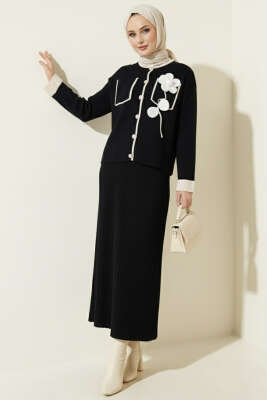 Pazarium - Cep Üstü Gül İşlemeli Etekli İkili Takım Siyah