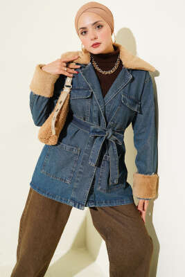 Pazarium - Kürklü Kuşak Detaylı Kot Ceket Mavi