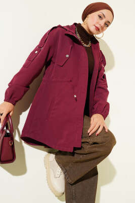 Pazarium - Bel Tünelli Kapüşonlu Trençkot Bordo