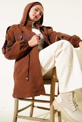 Pazarium - Bel Tünelli Kapüşonlu Trençkot Kahve