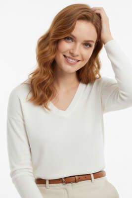 V Yaka Triko Kazak Ekru - Thumbnail