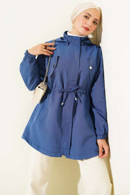Pazarium - Bel Tünelli Kapüşonlu Trençkot İndigo