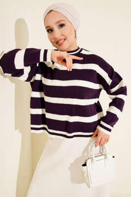 Pazarium - Yatay Çizgi Detaylı Kısa Triko Kazak Mor