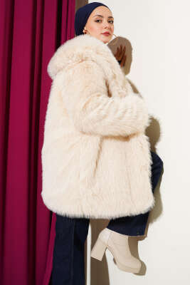 Pazarium - Geniş Yaka Kürklü Mont Bej