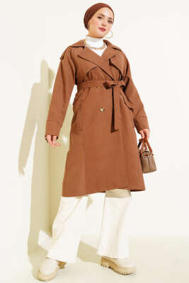 Pazarium - Omuz Apoletli Düğme Detaylı Trençkot Kahve