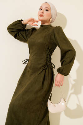 Yan İp Bağlamalı Süet Elbise Haki - Thumbnail