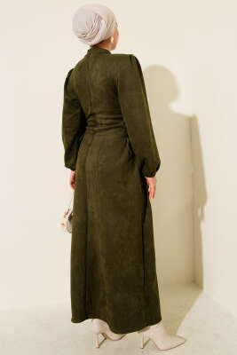 Yan İp Bağlamalı Süet Elbise Haki - Thumbnail