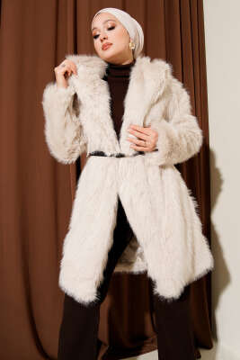 Pazarium - Geniş Yaka Kürklü Uzun Mont Bej