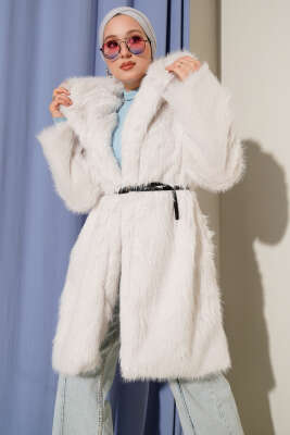 Pazarium - Geniş Yaka Kürklü Uzun Mont Taş