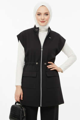 Pazarium - Yelekli Bel Lastik Detaylı İkili Takım Siyah