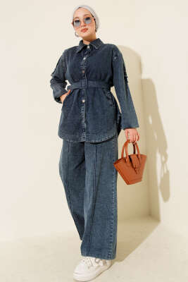 Pazarium - Metal Düğmeli Omuz Apoletli Kot İkili Takım Koyu Mavi