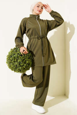 Pazarium - Bel Tünelli Boncuklu Scuba İkili Takım Haki