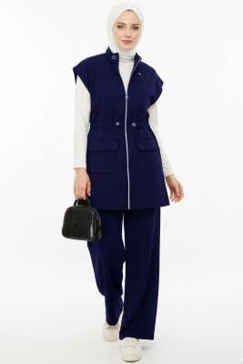 Pazarium - Yelekli Bel Lastik Detaylı İkili Takım Lacivert