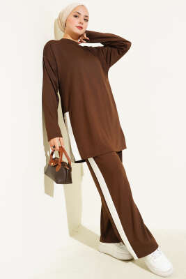 Pazarium - Gold Düğmeli Garnili Loyşa İkili Takım Kahve