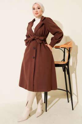 Pazarium - Balon Kollu Uzun Model Kestane Kaşe Kaban