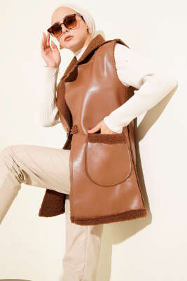 Pazarium - Çift Cepli Kürklü Deri Yelek Taba