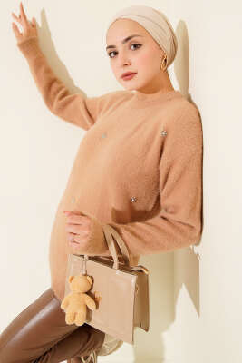 Serpme Taş Detaylı Sakallı Tunik Latte - Thumbnail