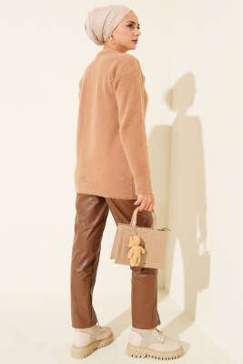 Serpme Taş Detaylı Sakallı Tunik Latte - Thumbnail