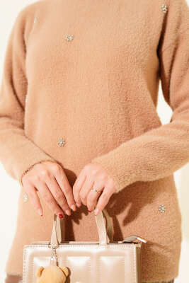 Serpme Taş Detaylı Sakallı Tunik Latte - Thumbnail