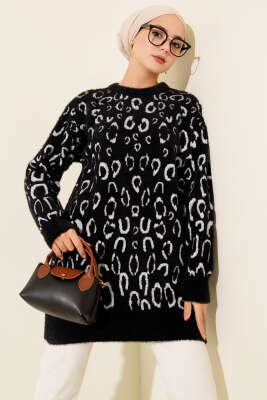 Pazarium - Leopar Desenli Sakallı Tunik Siyah Beyaz