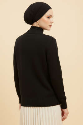 Pullu Dantelli Kısa Triko Hırka Siyah - Thumbnail