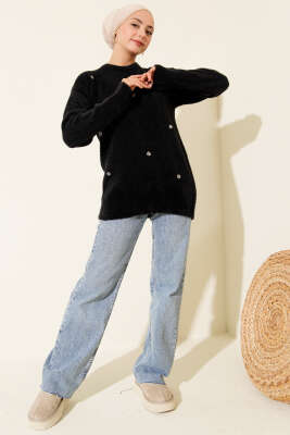 Serpme Taş Detaylı Sakallı Tunik Siyah - Thumbnail