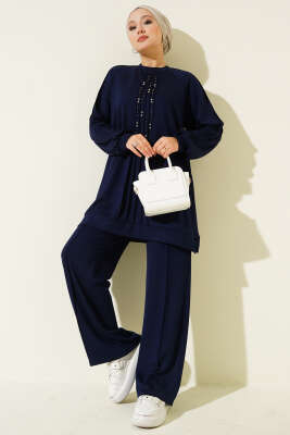 Pazarium - Taş Süslemeli Loyşa İkili Takım Lacivert