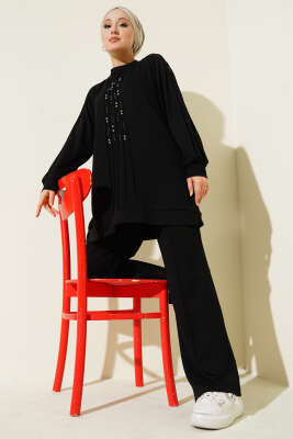 Pazarium - Taş Süslemeli Loyşa İkili Takım Siyah