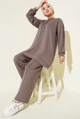 Pazarium - Taş Süslemeli Loyşa İkili Takım Vizon