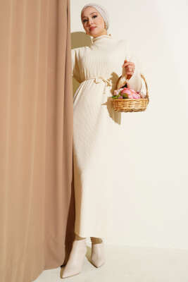 Pazarium - Salaş Kuşaklı Triko Elbise Bej