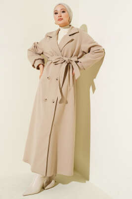 Pazarium - Düğmeli Kuşak Detaylı Kaşe Kaban Bej