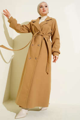 Pazarium - Düğmeli Kuşak Detaylı Kaşe Kaban Latte