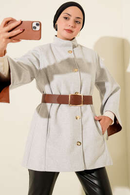 Pazarium - Gold Düğmeli Kaşe Panço Melanj Gri