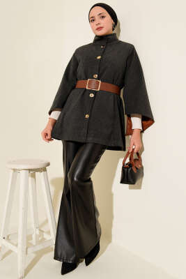 Pazarium - Gold Düğmeli Kaşe Panço Füme