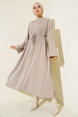 Pazarium - Loyşa Bel Tünel Detaylı Elbise Bej