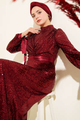 Pazarium - Kol Bağcıklı Pul Payet Abiye Elbise Bordo