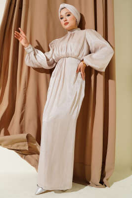 Pazarium - Sıra Taşlı Balon Kol Abiye Elbise Taş