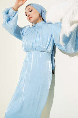 Pazarium - Sıra Taşlı Balon Kol Abiye Elbise Bebe Mavi