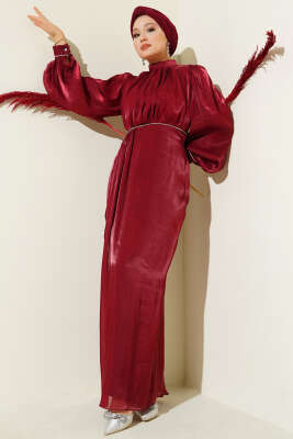 Pazarium - Sıra Taşlı Balon Kol Abiye Elbise Bordo