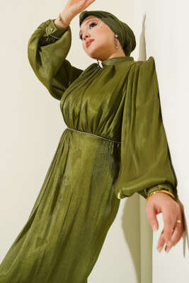 Pazarium - Sıra Taşlı Balon Kol Abiye Elbise Haki