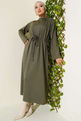 Pazarium - Loyşa Bel Tünel Detaylı Elbise Haki